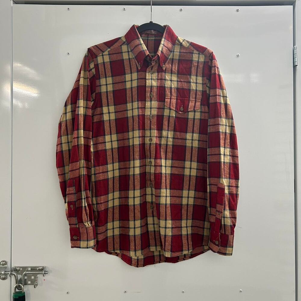 VTG 70s Burgundy and yellow plaid flannel shirt